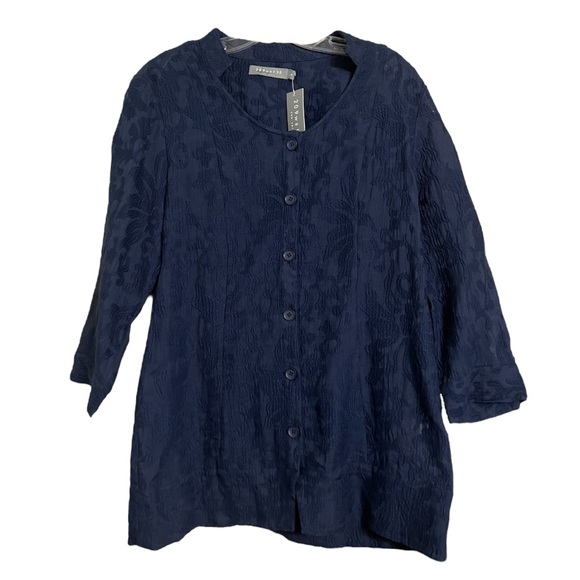 209 wst38 100% Linen Navy Blue Button Up Semi Sheer Tunic Top Sz 8 NWT - Picture 2 of 11